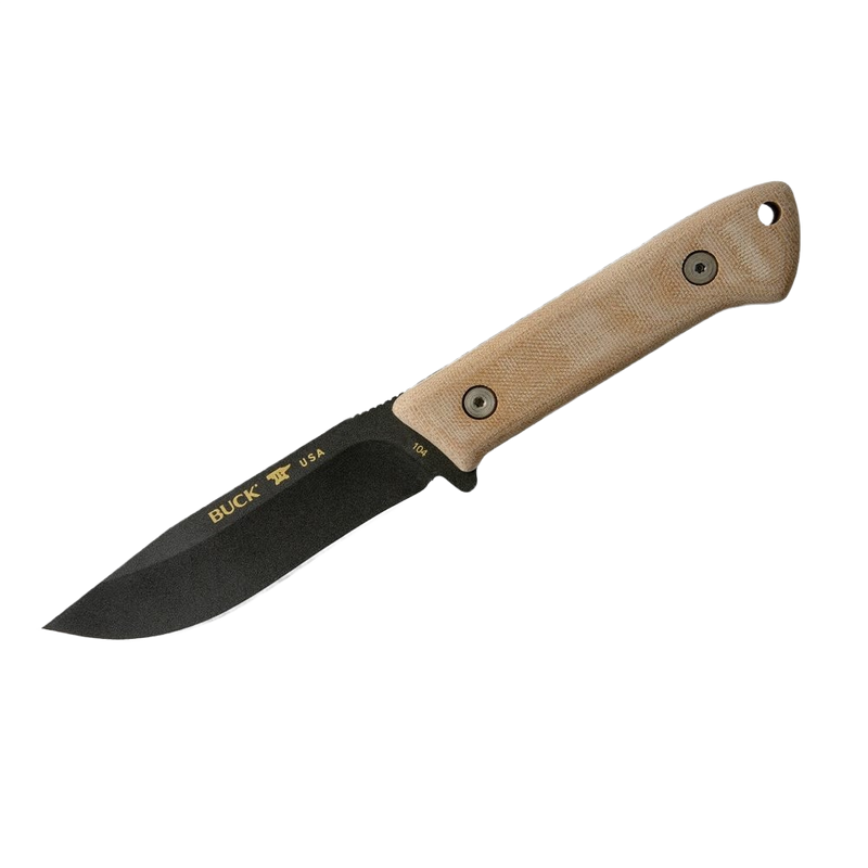 Fixed blade camping knife with a 4-1/2 inch Cerakoted drop point blade and tan textured handle, handcrafted in USA for Farm, Garden & Tool, Camping, and Knives & Axes collections.