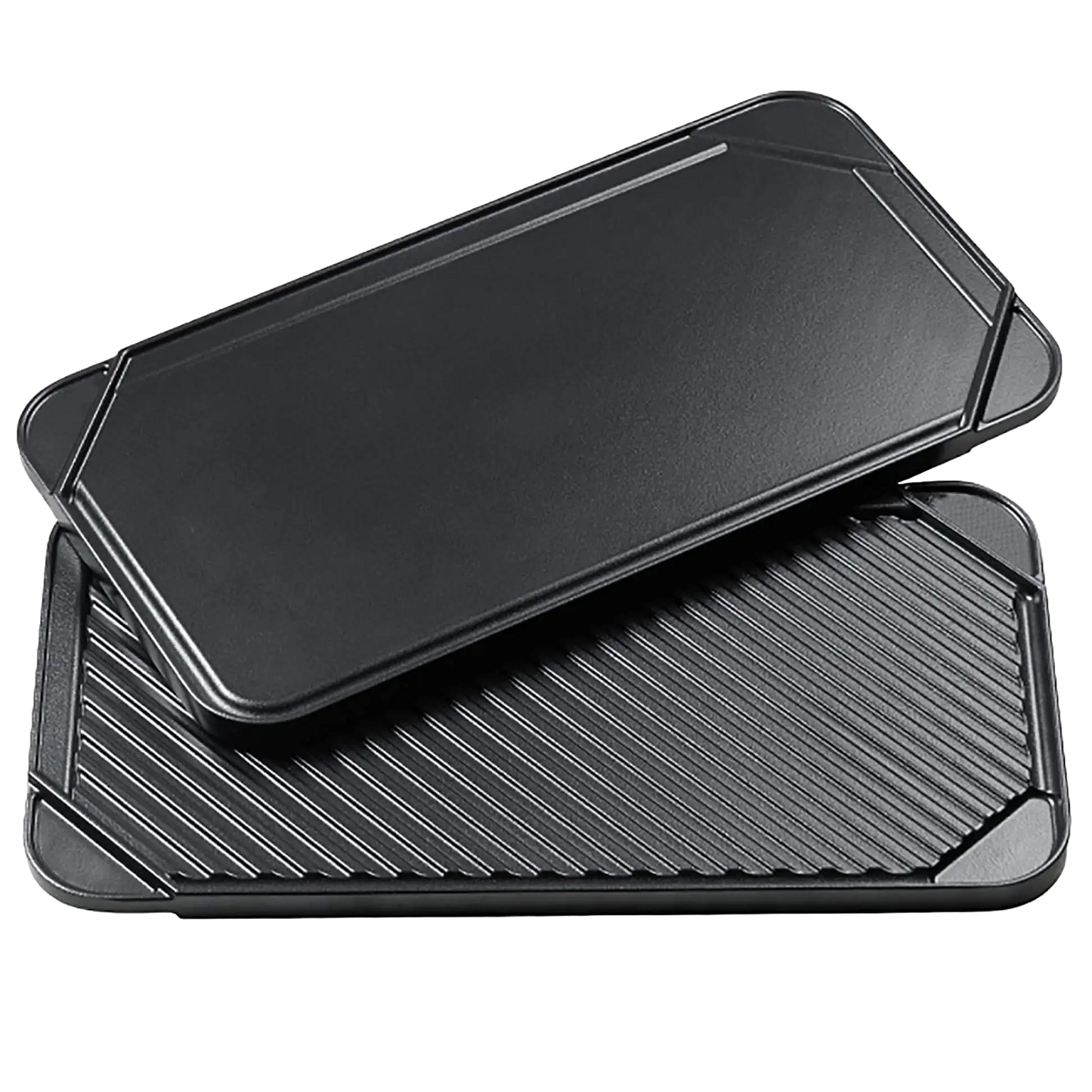 Reversible double burner stovetop pan with smooth griddle surface on one side and ribbed grill on the other, featuring premium nonstick coating, ideal for Kitchen & Food, Cookware, and USA Made collections.