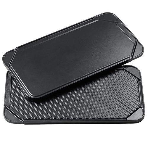 Reversible double burner stovetop pan with smooth griddle surface on one side and ribbed grill on the other, featuring premium nonstick coating, ideal for Kitchen & Food, Cookware, and USA Made collections.