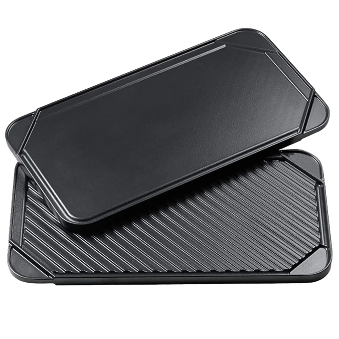 Reversible double burner stovetop pan with smooth griddle surface on one side and ribbed grill on the other, featuring premium nonstick coating, ideal for Kitchen & Food, Cookware, and USA Made collections.