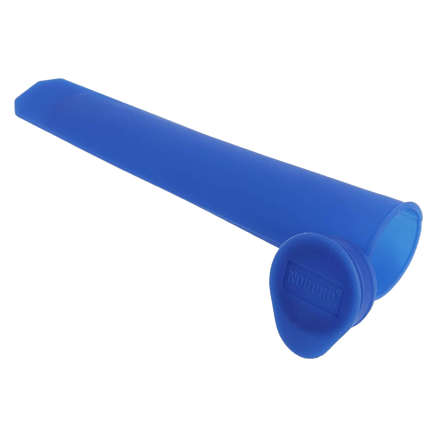 Flexible blue silicone ice pop mold with a tapered shape and removable cap, designed for easy freezing and releasing homemade frozen treats, ideal for Kitchen & Food and Kitchen Gadgets collections.