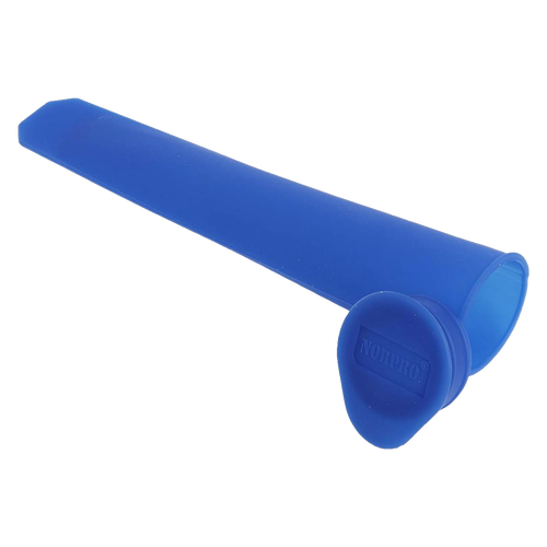 Flexible blue silicone ice pop mold with a tapered shape and removable cap, designed for easy freezing and releasing homemade frozen treats, ideal for Kitchen & Food and Kitchen Gadgets collections.