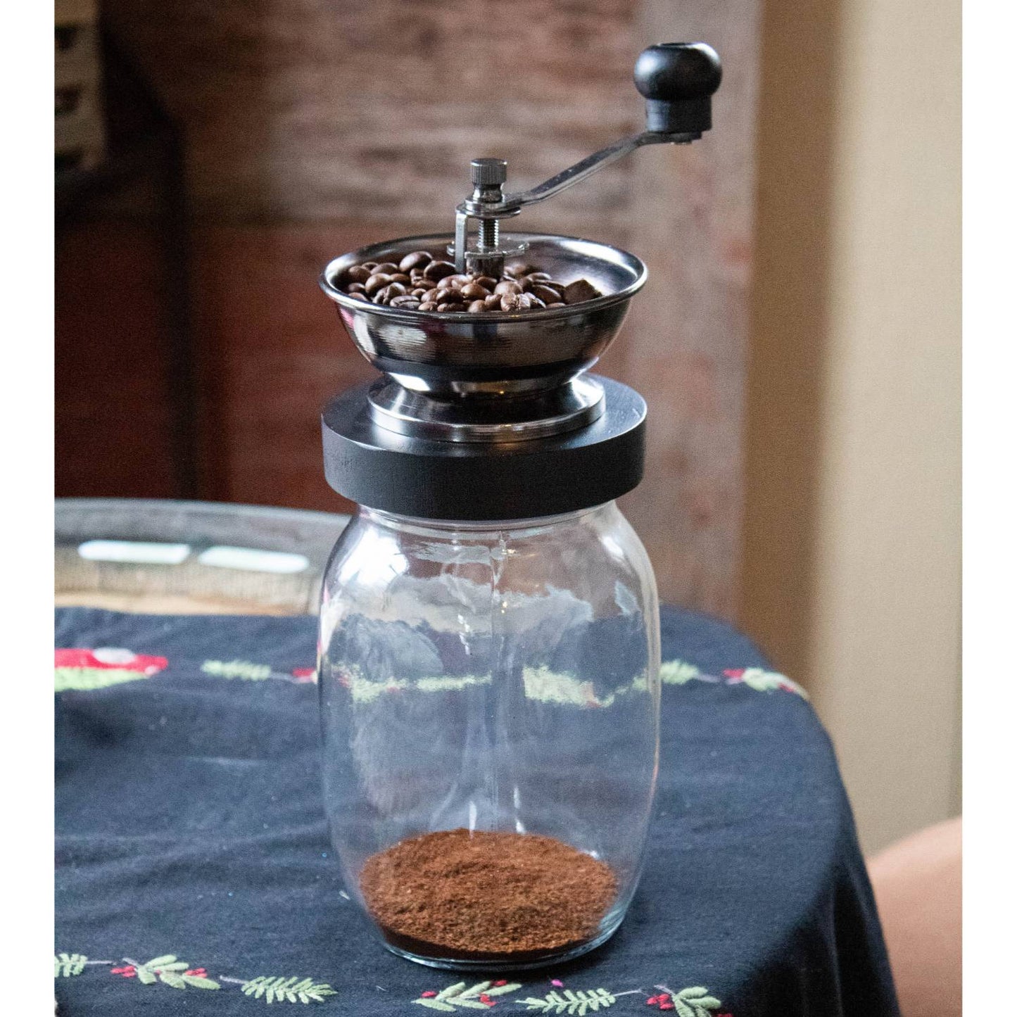 Handcrafted Lehman's coffee grinder with a ceramic burr and hand crank, featuring a wide-mouth glass jar for fresh grinding, ideal for Kitchen & Food, Brewing Coffee and Tea, Kitchen Gadgets, and Best Sellers collections.