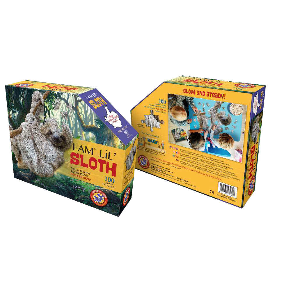 Colorful box of a uniquely crafted sloth-shaped jigsaw puzzle with 100 large pieces designed for small hands, part of Toys, Books & Games and Children's Toys collections.