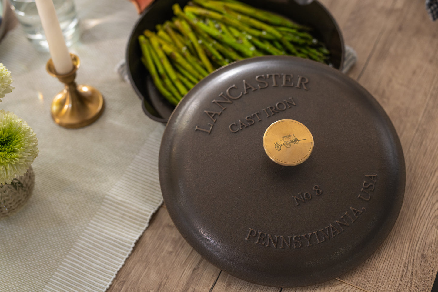Handcrafted cast iron skillet lid with solid brass knob embossed with Lancaster Pennsylvania USA and No 8, ideal for Kitchen & Food, Cast Iron, USA Made, Camping, and Best Sellers collections.