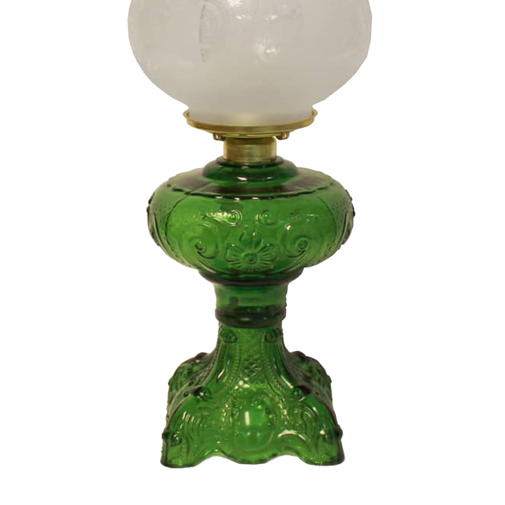 Handcrafted green glass oil lamp with intricately sculptured base and heavy brass-plated burner, topped with etched frosted glass chimney, ideal for Lamps & Lighting, Oil Lamps, Table Lamps, Best Sellers, and Promo Eligible collections.