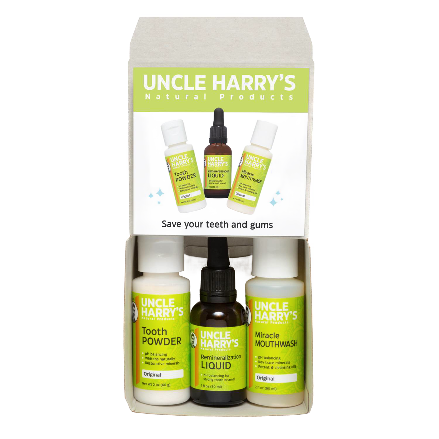 Handcrafted Uncle Harry’s natural oral care kit including tooth powder, remineralization liquid, and miracle mouthwash, part of Health & Wellness, Grooming, and USA Made collections.