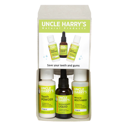 Handcrafted Uncle Harry’s natural oral care kit including tooth powder, remineralization liquid, and miracle mouthwash, part of Health & Wellness, Grooming, and USA Made collections.