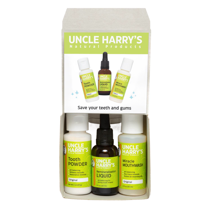 Handcrafted Uncle Harry’s natural oral care kit including tooth powder, remineralization liquid, and miracle mouthwash, part of Health & Wellness, Grooming, and USA Made collections.