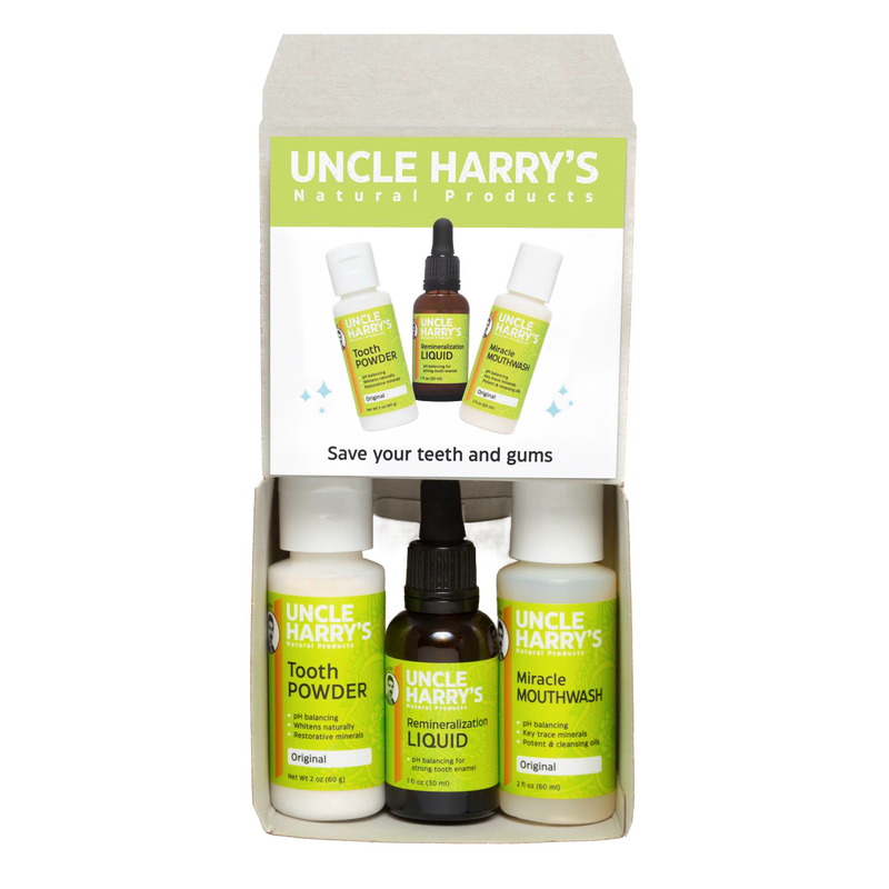 Handcrafted Uncle Harry’s natural oral care kit including tooth powder, remineralization liquid, and miracle mouthwash, part of Health & Wellness, Grooming, and USA Made collections.
