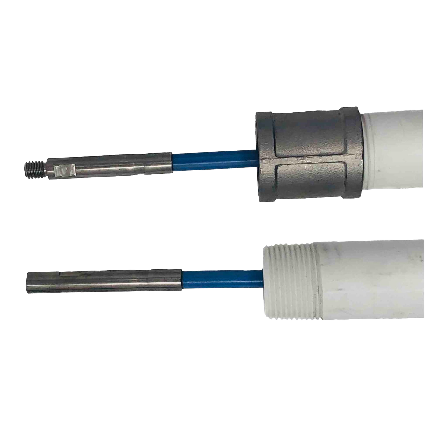 Close-up of two handcrafted lift rod connections attached to white drop pipes, made in USA, suitable for deep well pumps, water pumps, and pump parts in Appliances and USA Made collections.