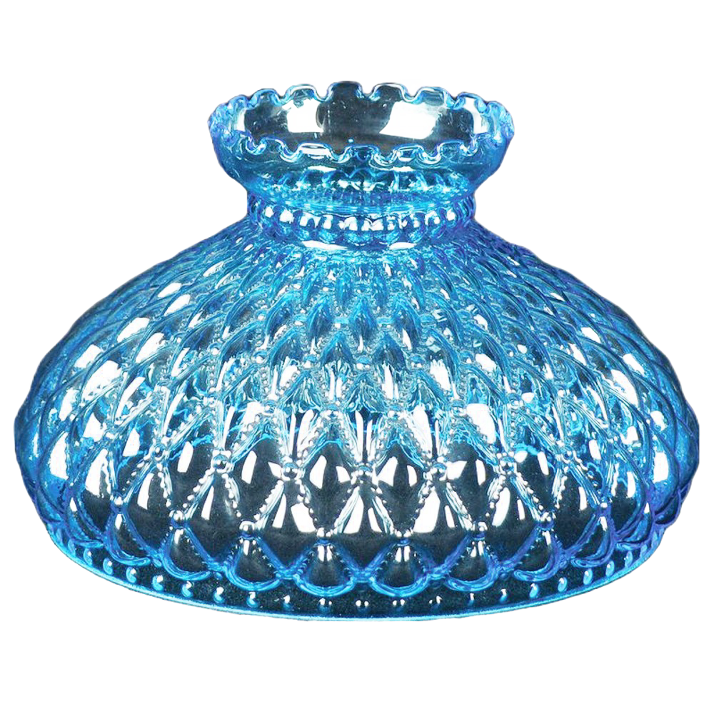 Blue diamond quilt patterned glass oil lamp shade with a scalloped top edge, part of Lamps & Lighting, Parts and Accessories, Lamp Shades, and Best Sellers collections.
