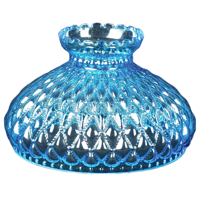 Blue diamond quilt patterned glass oil lamp shade with a scalloped top edge, part of Lamps & Lighting, Parts and Accessories, Lamp Shades, and Best Sellers collections.