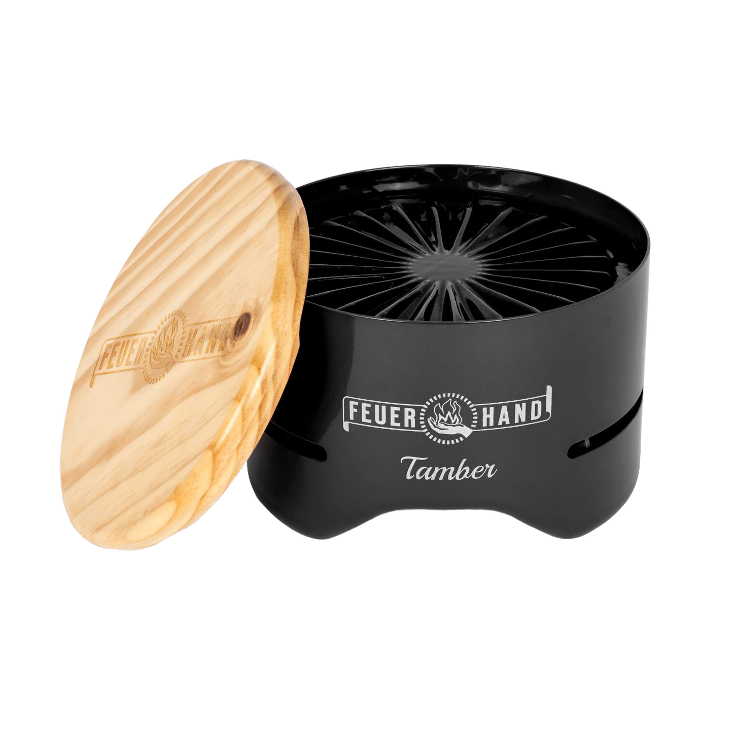 Compact black tabletop charcoal grill with a handcrafted wooden lid engraved with logo, designed for small outdoor cooking in Farm, Garden & Tool and Camping collections.