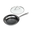 Handcrafted nitrogen-hardened cast iron skillet with a smooth stainless steel handle and a clear glass lid, designed for Kitchen & Food, Cookware, Cast Iron, and Best Sellers collections.