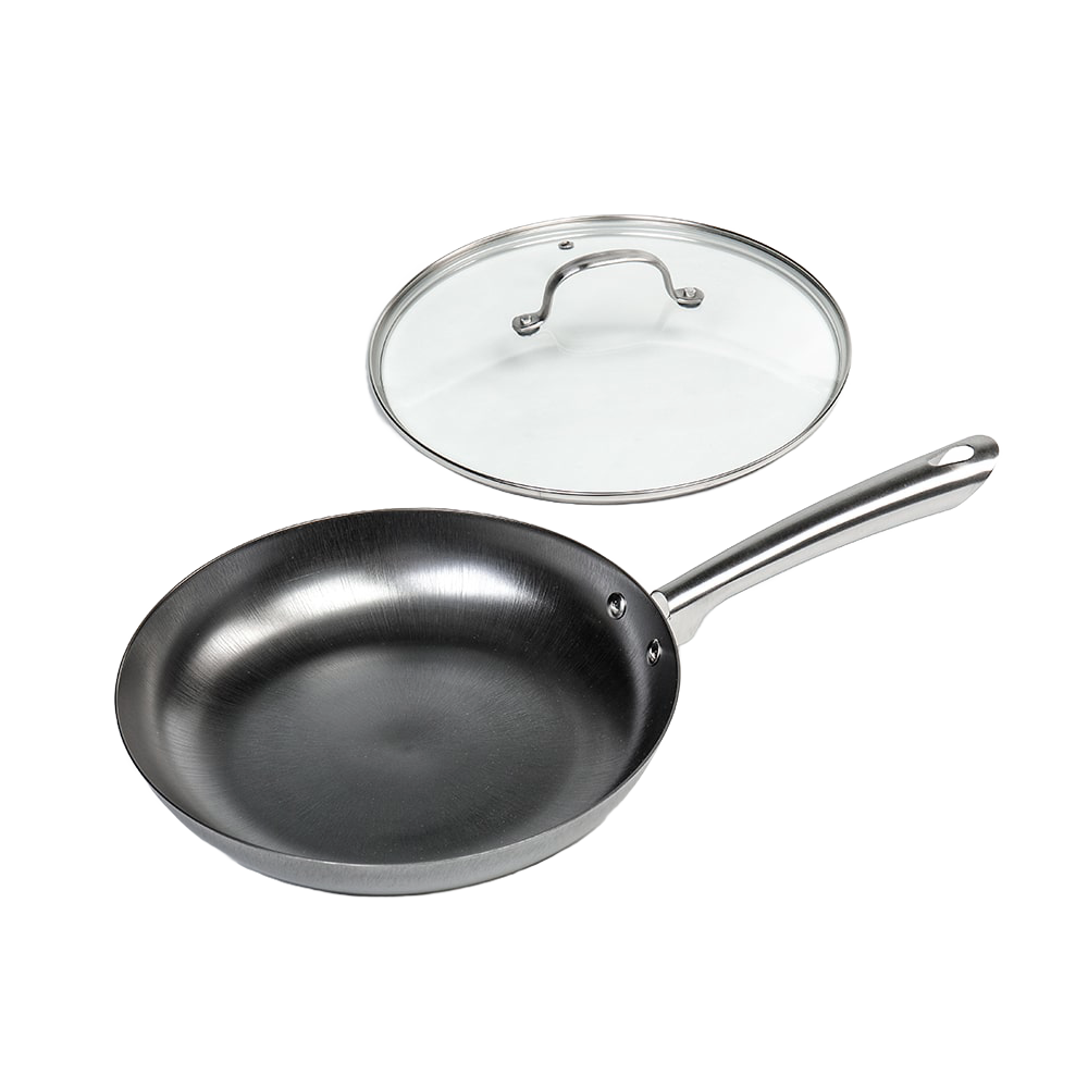 Handcrafted nitrogen-hardened cast iron skillet with a smooth stainless steel handle and a clear glass lid, designed for Kitchen & Food, Cookware, Cast Iron, and Best Sellers collections.