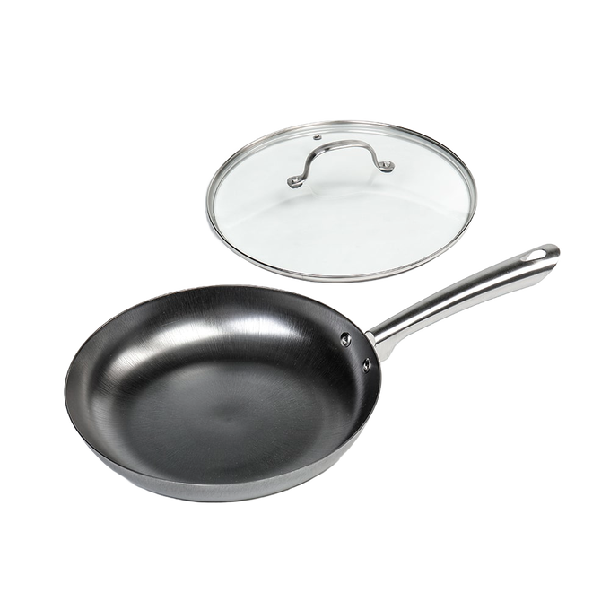 Handcrafted nitrogen-hardened cast iron skillet with a smooth stainless steel handle and a clear glass lid, designed for Kitchen & Food, Cookware, Cast Iron, and Best Sellers collections.