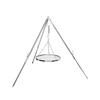 Adjustable hanging grate suspended from a sturdy tripod frame, crafted from chromium-plated steel for outdoor grilling, ideal for Farm, Garden & Tool and Camping collections.