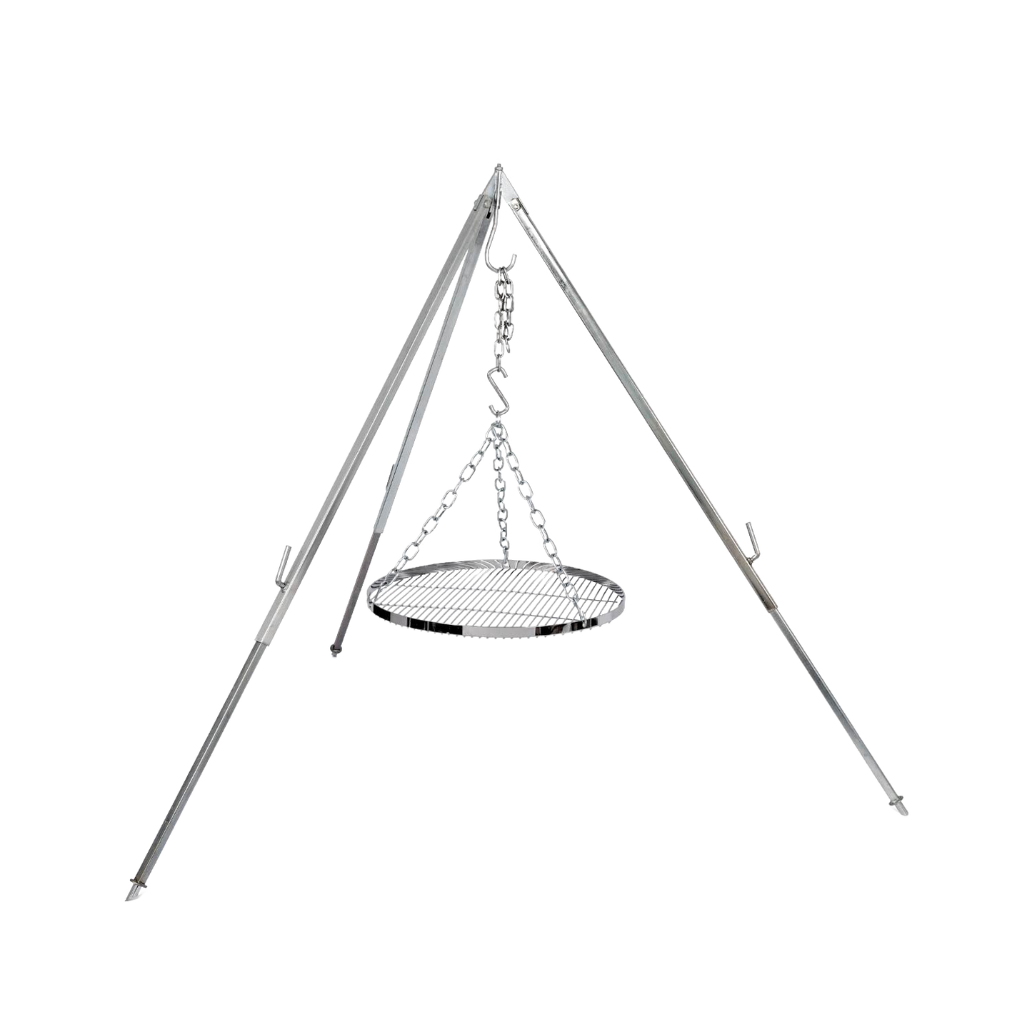 Adjustable hanging grate suspended from a sturdy tripod frame, crafted from chromium-plated steel for outdoor grilling, ideal for Farm, Garden & Tool and Camping collections.