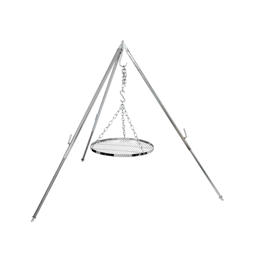 Adjustable hanging grate suspended from a sturdy tripod frame, crafted from chromium-plated steel for outdoor grilling, ideal for Farm, Garden & Tool and Camping collections.