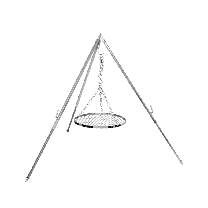 Adjustable hanging grate suspended from a sturdy tripod frame, crafted from chromium-plated steel for outdoor grilling, ideal for Farm, Garden & Tool and Camping collections.