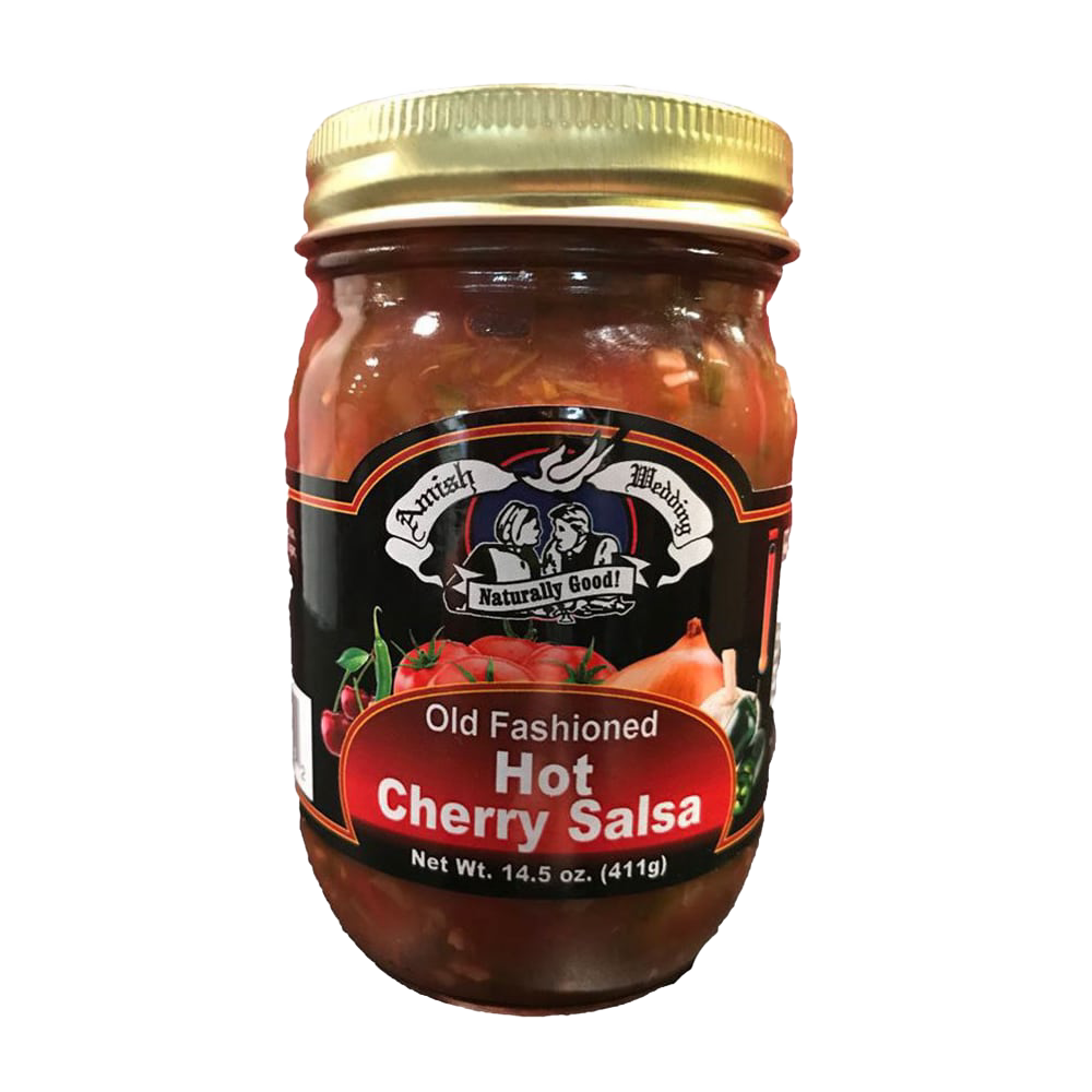 Jar of handcrafted Amish Wedding Hot Cherry Salsa with kettle-cooked, naturally thick and chunky ingredients, perfect for Kitchen & Food, Snacks, Pantry, and USA Made collections.