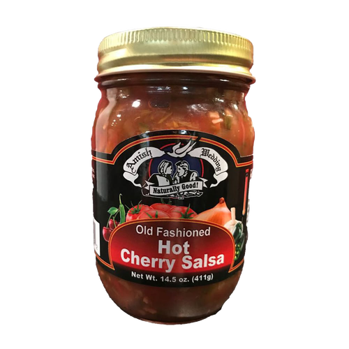 Jar of handcrafted Amish Wedding Hot Cherry Salsa with kettle-cooked, naturally thick and chunky ingredients, perfect for Kitchen & Food, Snacks, Pantry, and USA Made collections.