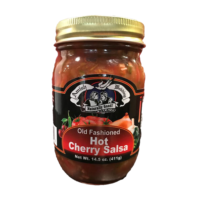Jar of handcrafted Amish Wedding Hot Cherry Salsa with kettle-cooked, naturally thick and chunky ingredients, perfect for Kitchen & Food, Snacks, Pantry, and USA Made collections.