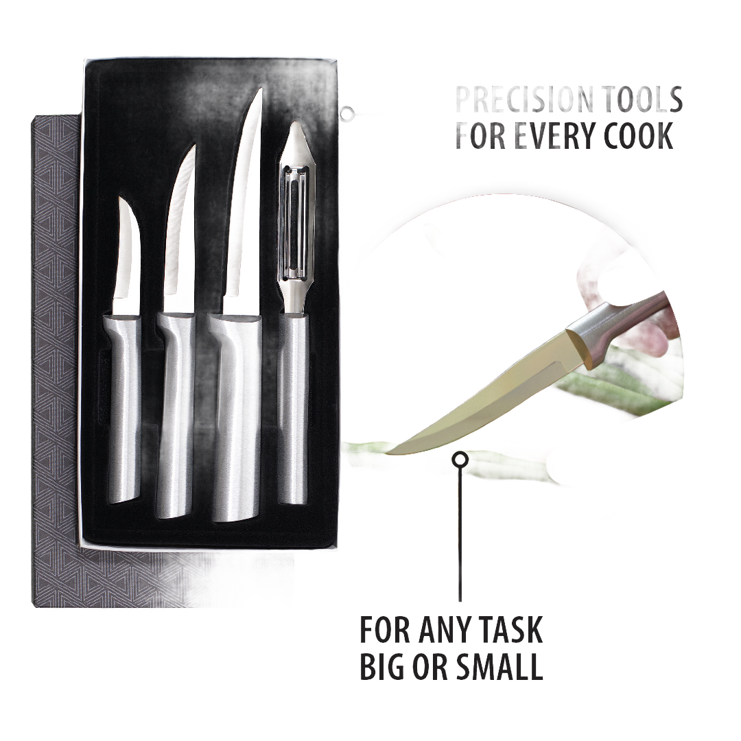 Set of four handcrafted stainless steel utensils including three paring knives and a vegetable peeler, made in USA, ideal for food prep in Farm, Garden & Tool and Kitchen & Food collections.