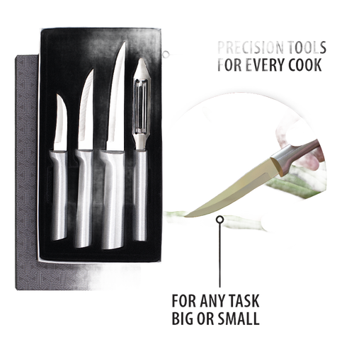 Set of four handcrafted stainless steel utensils including three paring knives and a vegetable peeler, made in USA, ideal for food prep in Farm, Garden & Tool and Kitchen & Food collections.