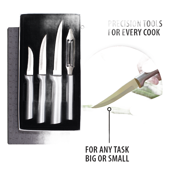 Set of four handcrafted stainless steel utensils including three paring knives and a vegetable peeler, made in USA, ideal for food prep in Farm, Garden & Tool and Kitchen & Food collections.