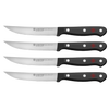 Set of four high-carbon stainless steel steak knives with triple-riveted black synthetic handles, designed for Kitchen & Food, Knives & Axes, and Best Sellers collections.