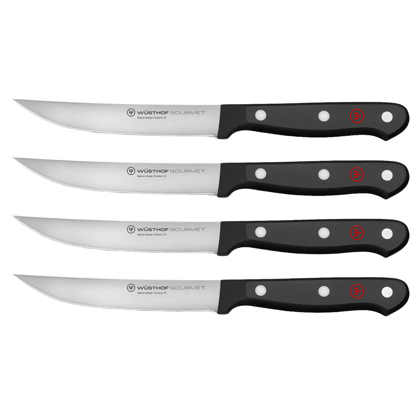 Set of four high-carbon stainless steel steak knives with triple-riveted black synthetic handles, designed for Kitchen & Food, Knives & Axes, and Best Sellers collections.