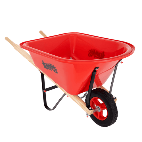 Bright red kids wheelbarrow with hardwood handles and a sturdy black wheel, designed for outdoor play and garden tasks, part of Farm, Garden & Tool and Children's Toys collections.