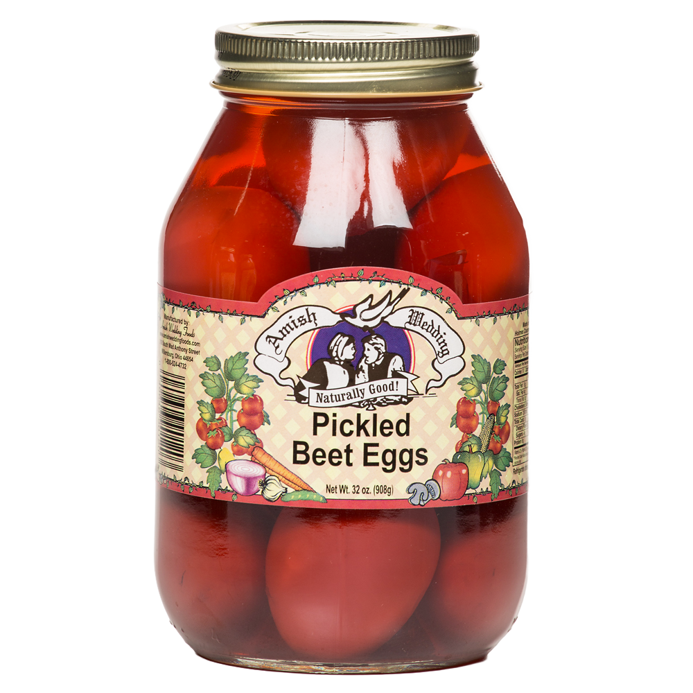 Large glass jar of naturally pickled beet eggs in vibrant red brine with vintage-style label and gold metal lid, handcrafted and made in USA, ideal for Kitchen & Food, Pantry, Best Sellers, and Promo Eligible collections.