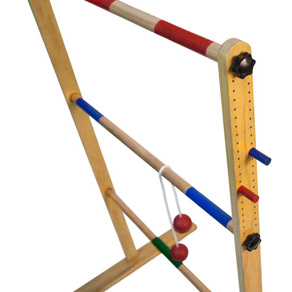 Handcrafted wooden ladder toss game with adjustable rungs and six colorful golf ball bolas, designed for outdoor fun and featured in Toys, Books & Games, Lawn Games, Best Sellers, and Promo Eligible collections.
