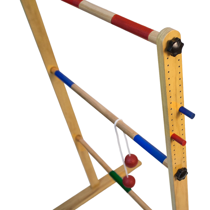 Handcrafted wooden ladder toss game with adjustable rungs and six colorful golf ball bolas, designed for outdoor fun and featured in Toys, Books & Games, Lawn Games, Best Sellers, and Promo Eligible collections.