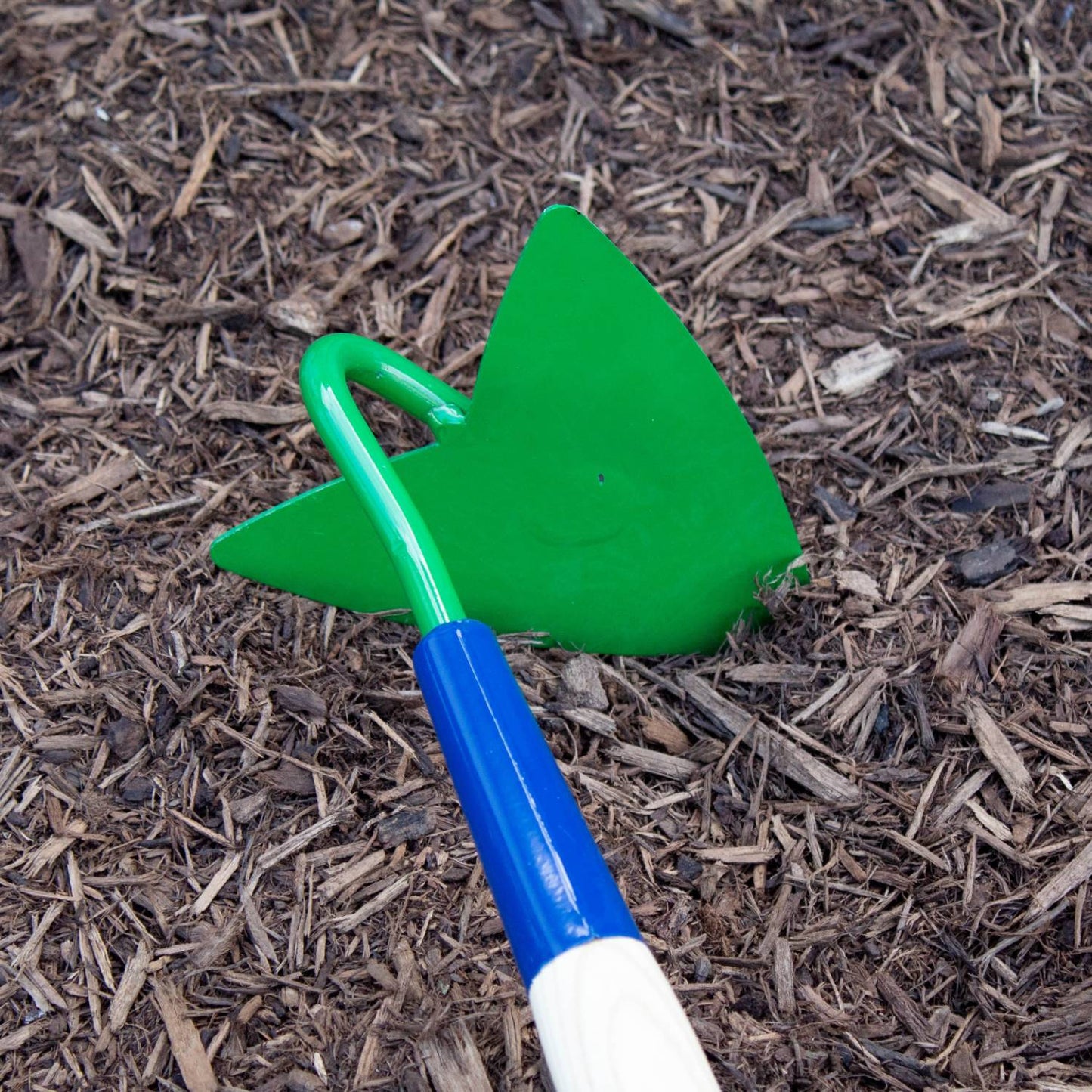 Handcrafted furrowing hoe with a vibrant green arrowhead steel blade and ergonomic handle, made in USA by Amish craftsmen for Farm, Garden & Tool and Digging and Cultivating collections.