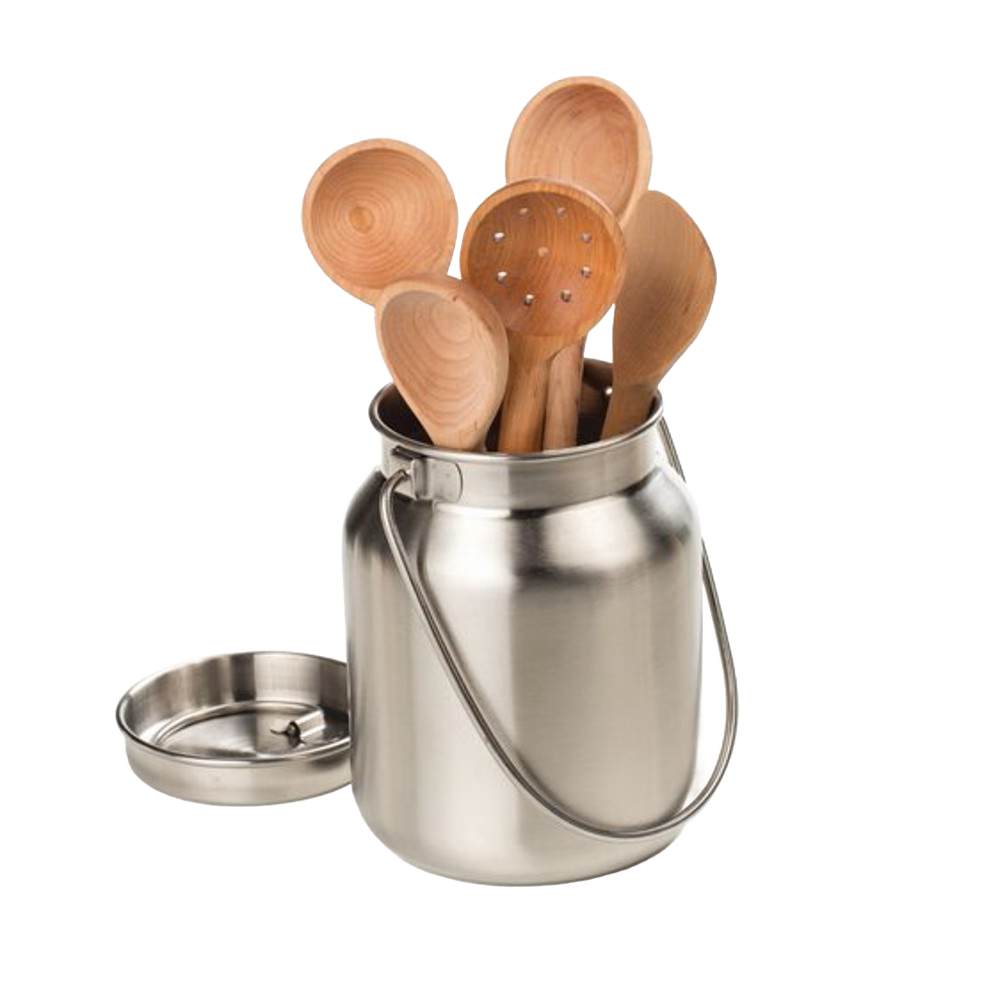Handcrafted stainless steel container with a brushed finish holding wooden kitchen utensils, ideal as country decor or practical storage in Home & Decor, Farm, Garden & Tool collections.
