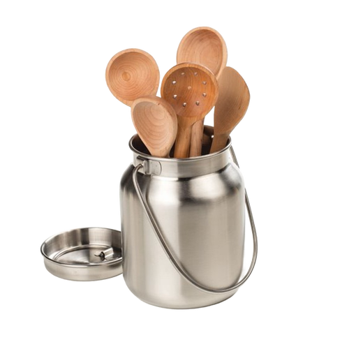 Handcrafted stainless steel container with a brushed finish holding wooden kitchen utensils, ideal as country decor or practical storage in Home & Decor, Farm, Garden & Tool collections.