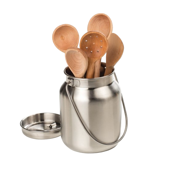 Handcrafted stainless steel container with a brushed finish holding wooden kitchen utensils, ideal as country decor or practical storage in Home & Decor, Farm, Garden & Tool collections.