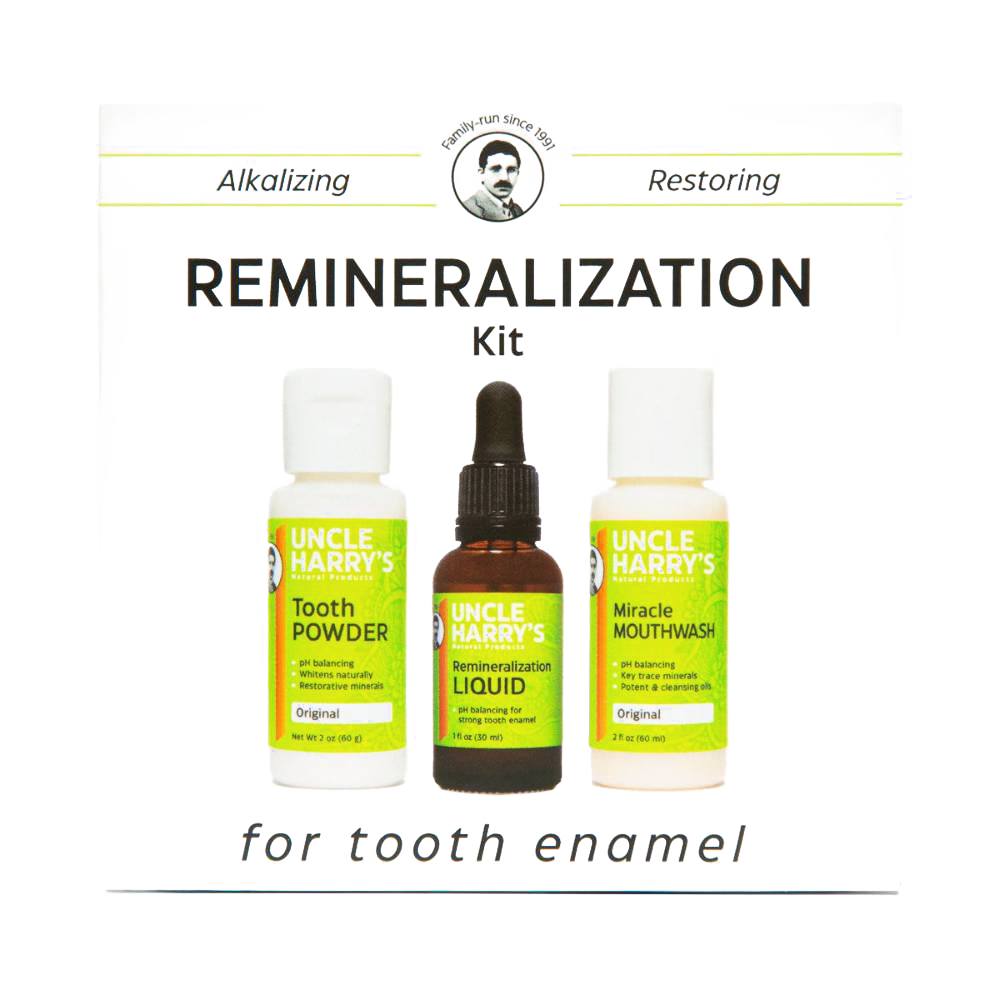 Handcrafted Uncle Harry’s remineralization kit featuring tooth powder, liquid with dropper, and miracle mouthwash in white and green bottles, part of Health & Wellness and USA Made collections.