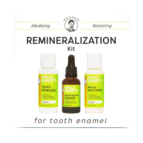 Handcrafted Uncle Harry’s remineralization kit featuring tooth powder, liquid with dropper, and miracle mouthwash in white and green bottles, part of Health & Wellness and USA Made collections.