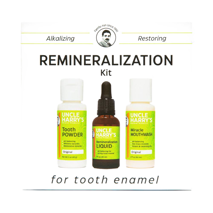 Handcrafted Uncle Harry’s remineralization kit featuring tooth powder, liquid with dropper, and miracle mouthwash in white and green bottles, part of Health & Wellness and USA Made collections.