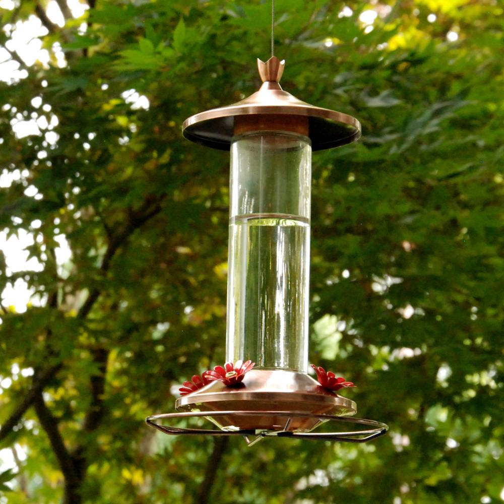 Hanging clear glass feeder with brushed copper base and metal top, featuring four flower-shaped feeding ports, set against green leafy background in Farm, Garden & Tool and Animal Care collections.