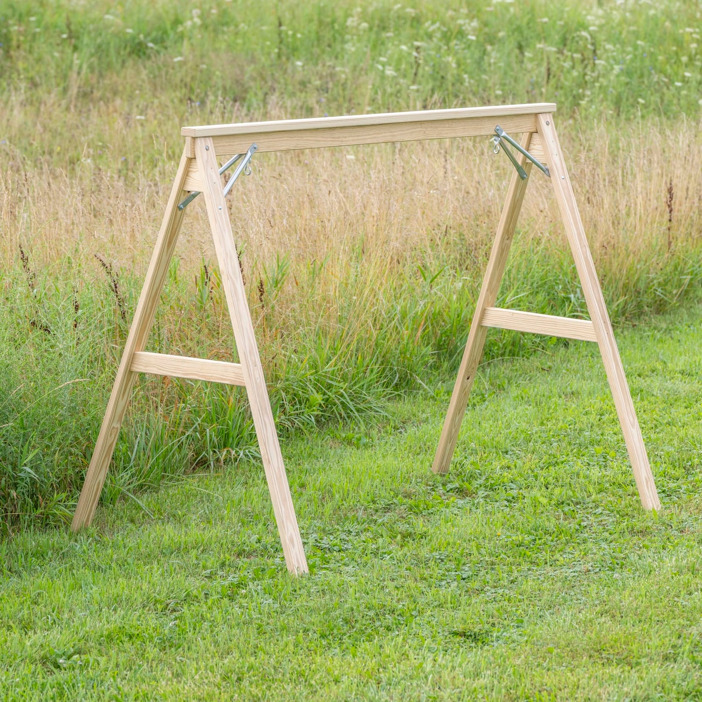 Handcrafted Amish-made natural wood A-frame stand designed for hanging porch swings, perfect for outdoor furniture in Home & Decor, USA Made, and Best Sellers collections.