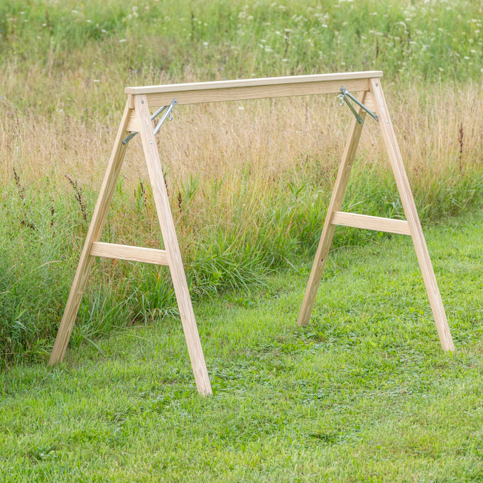 Handcrafted Amish-made natural wood A-frame stand designed for hanging porch swings, perfect for outdoor furniture in Home & Decor, USA Made, and Best Sellers collections.