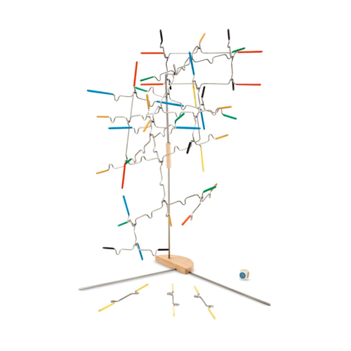 Handcrafted balance game featuring a metal and wooden structure with brightly colored rods and a rolling dice, perfect for Toys, Children's Toys, Games and Puzzles, and Best Sellers collections.