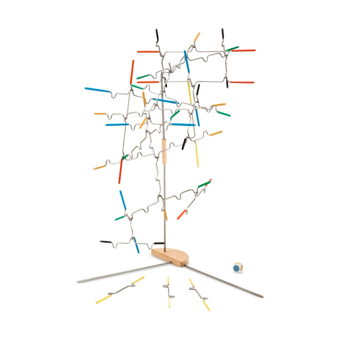 Handcrafted balance game featuring a metal and wooden structure with brightly colored rods and a rolling dice, perfect for Toys, Children's Toys, Games and Puzzles, and Best Sellers collections.