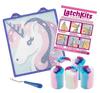 Handcrafted latch hook kit featuring a pastel unicorn design on sturdy canvas with fabric-lined edges and hanging loops, ideal for children’s arts and crafts and toy collections.
